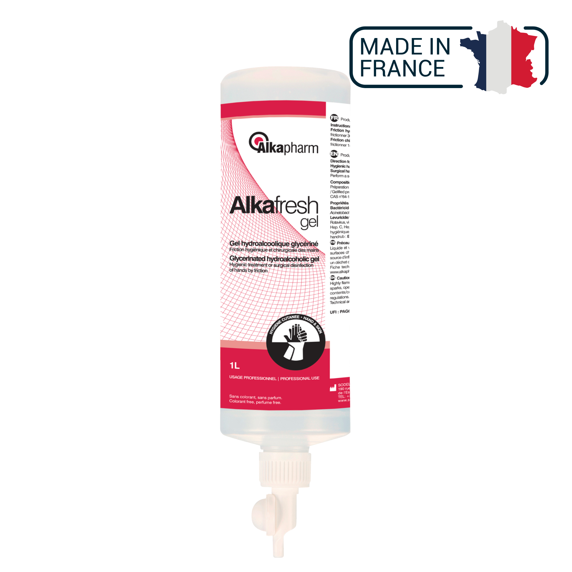 Alkafresh - Gel hydroalcoolique glycériné pour la désinfection des mains - Flacon airless - 1 L - Alkapharm